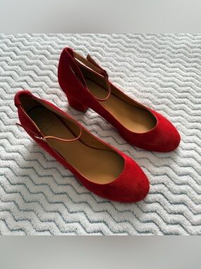 Sézane Red Suede Ankle Buckle Closure Mary Jane Round Toe Block Heel Shoes Sz 38
